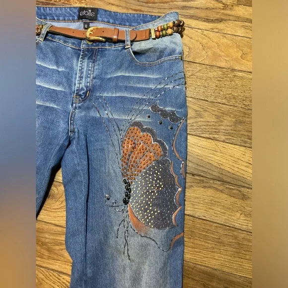 "Y2K Butterfly Embroidered + Jeweled Denim Bootcut Jeans - Etoile Size 12 Women' - Picture 4 of 9